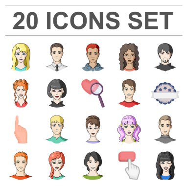 Set koleksiyonu tasarım için Avatar ve yüz karikatür simgeler. Bir kişi görünümü vektör simge stok web çizim.