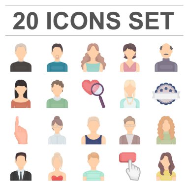 Set koleksiyonu tasarım için Avatar ve yüz karikatür simgeler. Bir kişi görünümü vektör simge stok web çizim.