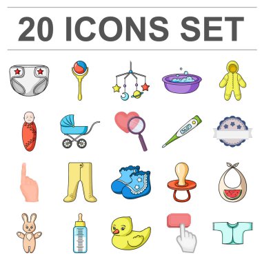 Bir bebek çizgi film simgeler kümesi koleksiyonundaki doğum tasarım için. Sembol stok web illüstrasyon vektör yeni doğan ve aksesuarları.