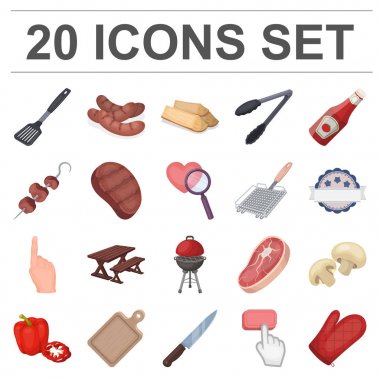 Set koleksiyonu tasarım için Barbekü ve ekipman karikatür simgeler. Piknik ve kızartmaları sembol stok web illüstrasyon vektör.