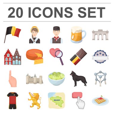 Set koleksiyonu tasarım için ülke Belçika karikatür simgeler. Seyahat ve konumlar Belçika sembol stok web illüstrasyon vektör.