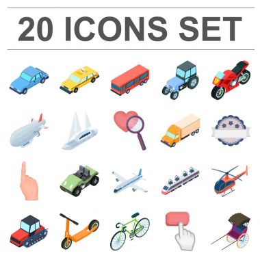 Set koleksiyonu tasarım için taşıma karikatür simgeleri farklı türleri. Araba ve gemi izometrik vektör simge stok web çizimi.
