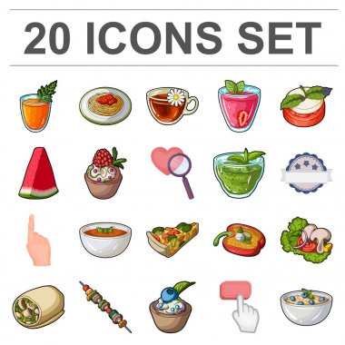 Set koleksiyonu tasarım için vejetaryen yemek karikatür simgeler. Sebze ve süt gıda vektör simge stok web çizim.