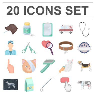 Set koleksiyonu tasarım için hayvan hastalıklarıyla ilgili klinik karikatür simgeler. Evde beslenen hayvan vektör simge stok web illüstrasyon tedavisinde.