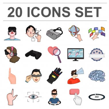 Set koleksiyonu tasarım için bir sanal gerçeklik karikatür simgeler. Modern teknoloji ve ekipman sembol stok web illüstrasyon vektör.
