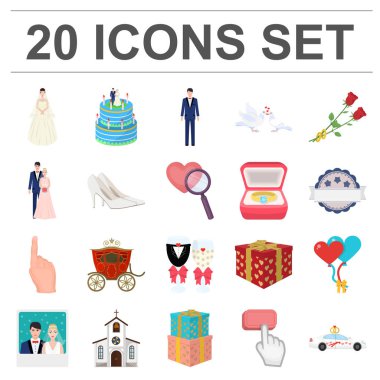 Düğün ve öznitelikleri set koleksiyonu tasarım için simgeleri karikatür. Sembol stok web illüstrasyon vektör yeni evliler ve aksesuarları.
