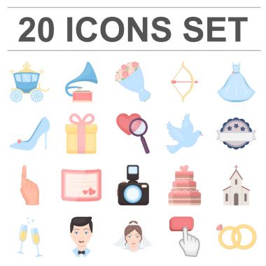 Düğün ve öznitelikleri set koleksiyonu tasarım için simgeleri karikatür. Sembol stok web illüstrasyon vektör yeni evliler ve aksesuarları.