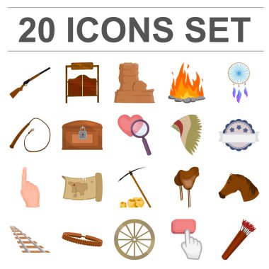 Vahşi Batı karikatür simgeleri tasarım için küme toplama öznitelikleri. Texas ve Amerika sembol stok web illüstrasyon vektör.