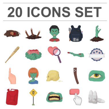 Zombiler ve öznitelikleri set koleksiyonu tasarım için simgeleri karikatür. Ölü adam vektör simge stok web çizim.