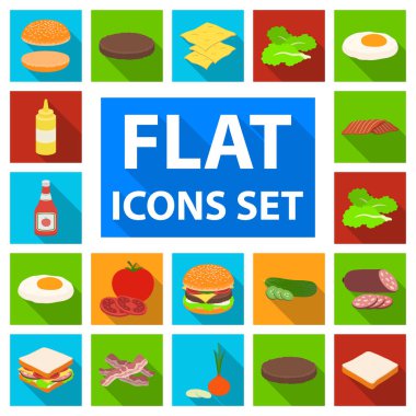 Düz set koleksiyonu tasarım için simgeleri Burger ve malzemeler. Vektör simge stok web illüstrasyon pişirme Burger.