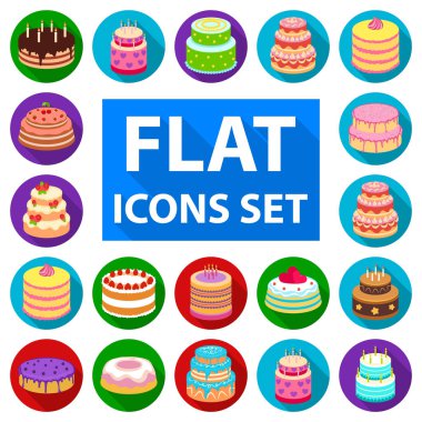 Pasta ve tatlı düz simgeler set koleksiyonu tasarım için. Tatil kek vektör simge stok web çizim.