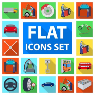 Araba, Asansör, pompa ve diğer ekipmanlar set koleksiyonu tasarım için simgeleri düz. Araba bakım istasyonu vektör simge stok çizim web.