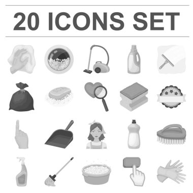 Temizlik ve hizmetçi tek renkli simgeler set koleksiyonu tasarım için. Vektör simge stok web illüstrasyon Temizleme için donatım.