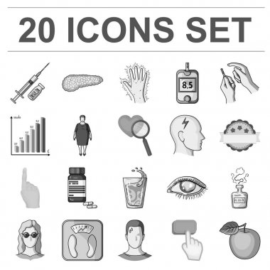 Diyabet set koleksiyonu tasarım için tek renkli simgeler. Diyabet vektör simge stok web illüstrasyon tedavisinde.