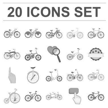 Çeşitli Bisiklet tek renkli simgeler set koleksiyonu tasarım için. Ulaşım vektör simge stok web örnek tür.