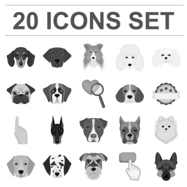 Köpek ırkları set koleksiyonu tasarım için tek renkli simgeler. Bir köpek vektör simge stok web illüstrasyon namlu.