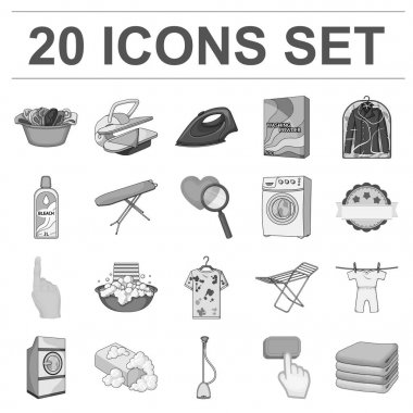 Kuru Temizleme donanımları set koleksiyonu tasarım için tek renkli simgeler. Yıkama ve giyim Ütü sembol stok web illüstrasyon vektör.