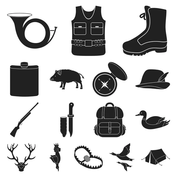 Jagd und Trophäe schwarze Symbole in Set-Kollektion für Design. Jagd und Ausrüstung Vektor Symbol Stock Web Illustration. — Stockvektor
