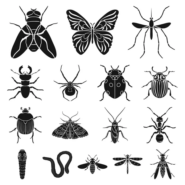 Verschillende soorten insecten zwarte pictogrammen in set collectie voor design. Geleedpotigen insect symbool voorraad web vectorillustratie. — Stockvector