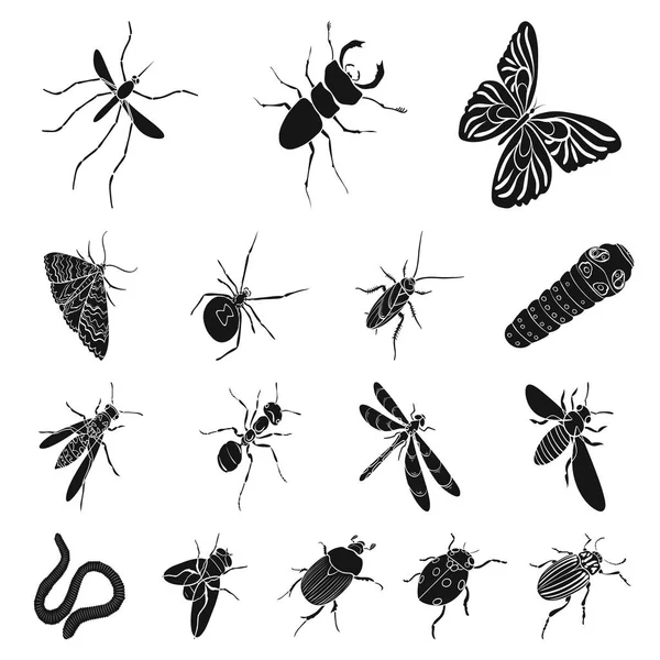 Verschiedene Arten von Insekten schwarze Symbole in Set Sammlung für Design. Insekt Arthropoden Vektor isometrisches Symbol Stock Web Illustration. — Stockvektor