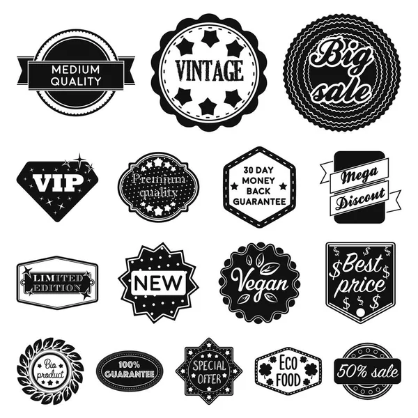 Diferentes iconos de etiqueta negra en la colección de conjuntos para el diseño. Índice y marca vector símbolo stock web ilustración . — Vector de stock