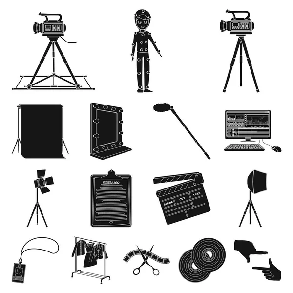 Macht einen Film schwarze Icons in Set-Kollektion für Design. Attribute und Ausstattung Vektor Symbol Stock Web Illustration. — Stockvektor
