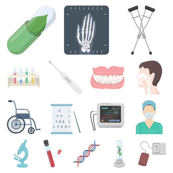 Iconos de dibujos animados de medicina y tratamiento en colección de conjuntos para el diseño. Medicina y equipo vector símbolo stock web ilustración . — Archivo Imágenes Vectoriales