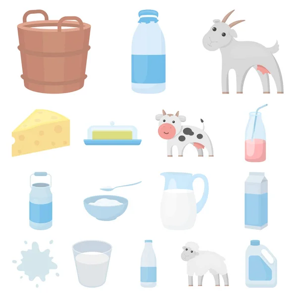Iconos de dibujos animados de productos lácteos en la colección de conjuntos para design.Milk y vector de alimentos símbolo de stock web ilustración . — Archivo Imágenes Vectoriales