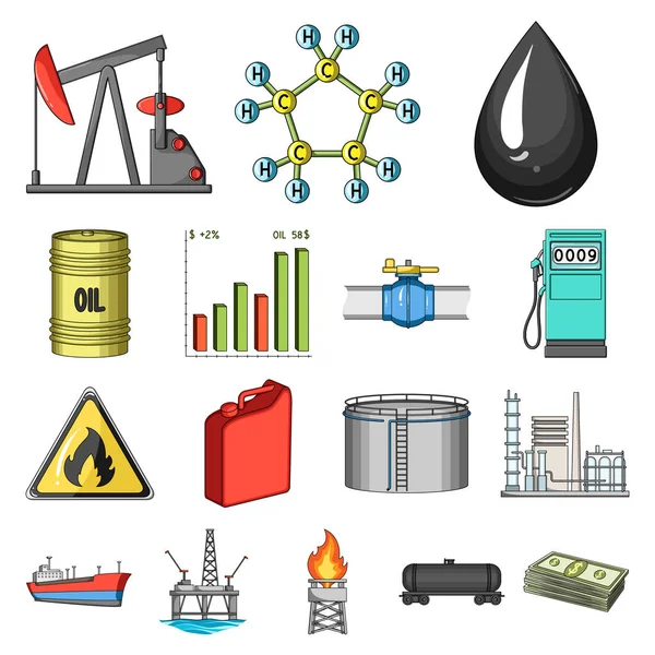 石油工业的卡通图标集集为设计。设备与采油媒介符号股票网站插图. — 图库矢量图片