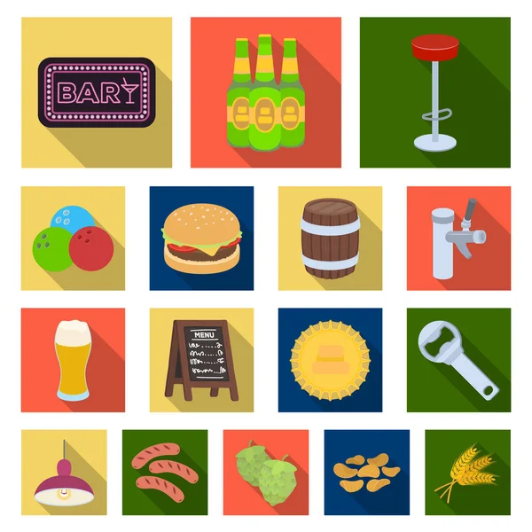 Pub, intérieur et équipement des icônes plates dans la collection ensemble pour le design. Illustration web du symbole du vecteur alcool et aliments . — Image vectorielle