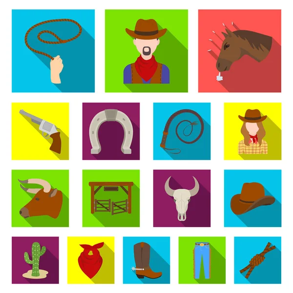 Rodeo, icone piatte da competizione nella collezione set per il design. Cowboy e attrezzature vettoriale simbolo stock web illustrazione . — Vettoriale Stock