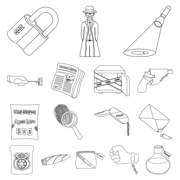 Detectivebureau overzicht pictogrammen in set collectie voor design. Misdaad en onderzoek symbool voorraad web vectorillustratie. — Stockvector