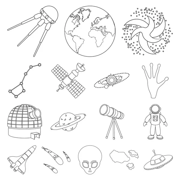 La tecnología espacial esbozar iconos en la colección de conjuntos para design.Spacecraft y equipo vector símbolo stock web ilustración . — Vector de stock
