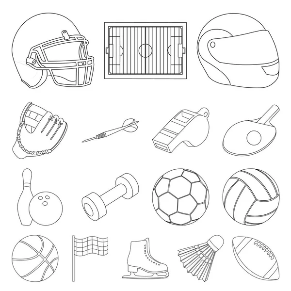 Différents types d'icônes de contour sportif dans la collection de jeu pour le design. Matériel de sport symbole vectoriel stock illustration web . — Image vectorielle