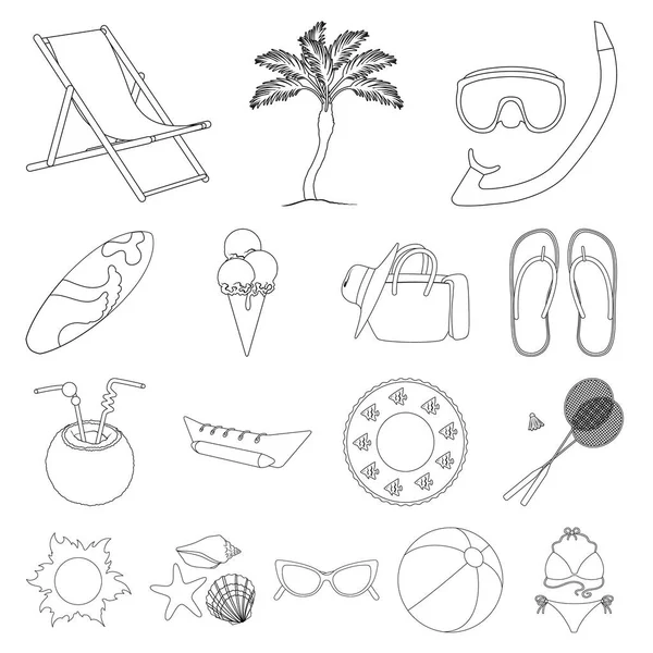 Icônes de contour de repos d'été dans la collection de jeu pour le design. Accessoire de plage symbole vectoriel stock web illustration . — Image vectorielle