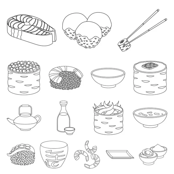 寿司と調味料は、設計のためのセットのコレクションのアイコンを概説します。海産物食品、アクセサリーのベクトル シンボル ストック web イラスト. — ストックベクタ