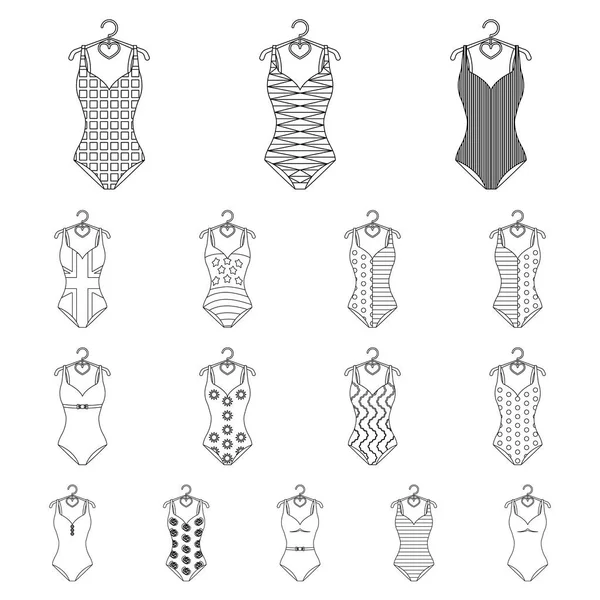 Diferentes tipos de trajes de baño esbozan iconos en la colección de conjuntos para el diseño. Accesorios de natación vector símbolo stock web ilustración . — Archivo Imágenes Vectoriales