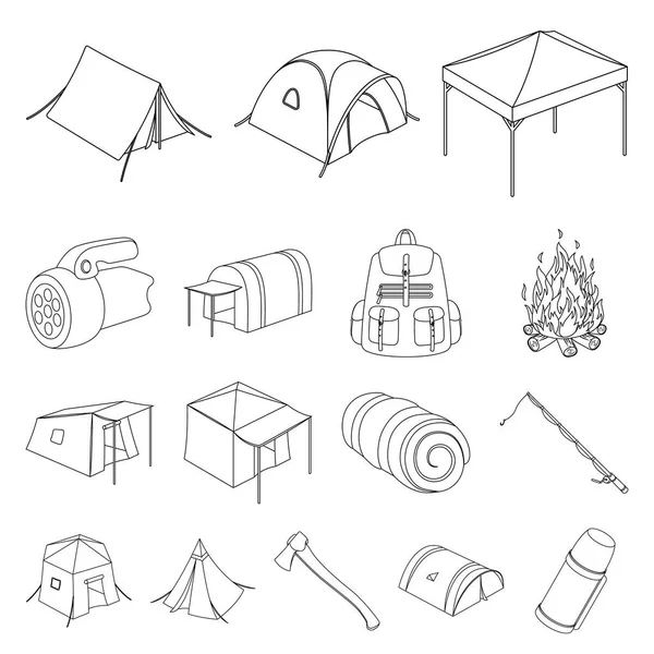 Различные виды палаток очерчивают иконки в коллекции наборов для дизайна. Временное укрытие и векторные символы жилья на веб-иллюстрации . — стоковый вектор