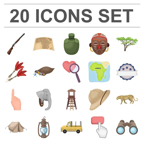 African Safari cartoon icons in set collection for design. Trophies and equipment for Safari vector symbol stock web illustration. — Stock Vector