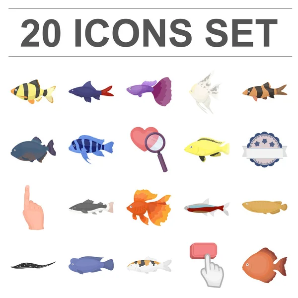 Diferentes tipos de iconos de dibujos animados de peces en la colección de conjuntos para el diseño. Marino y acuario peces vector símbolo stock web ilustración . — Archivo Imágenes Vectoriales