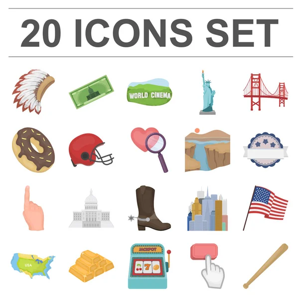 USA land cartoon pictogrammen in set collectie voor design. Reizen en bezienswaardigheden vector symbool voorraad web illustratie. — Stockvector