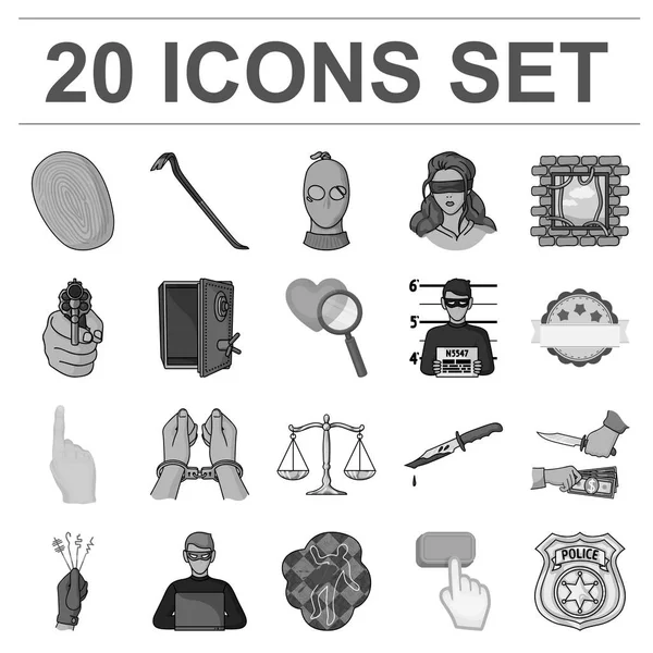 Suç ve ceza tek renkli simgeler set koleksiyonu tasarım için. Suç vektör simge stok web çizim.