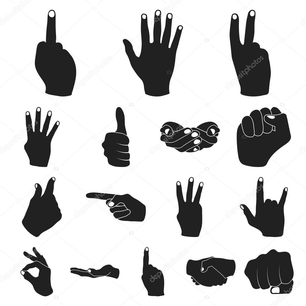 Hand gesture black icons in set collection for design. Palm and finger vector symbol stock web illustration.