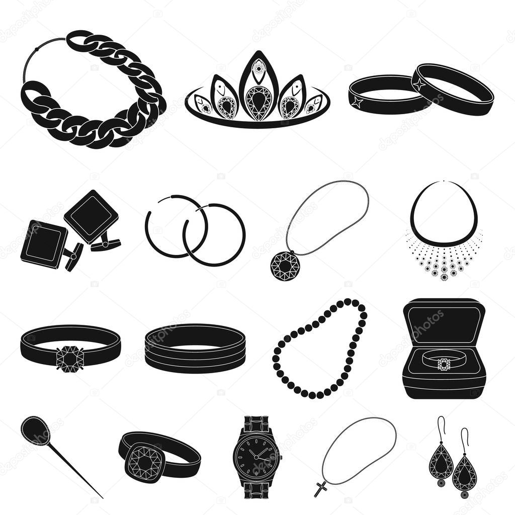 Jewelry and accessories black icons in set collection for design.Decoration vector symbol stock web illustration.