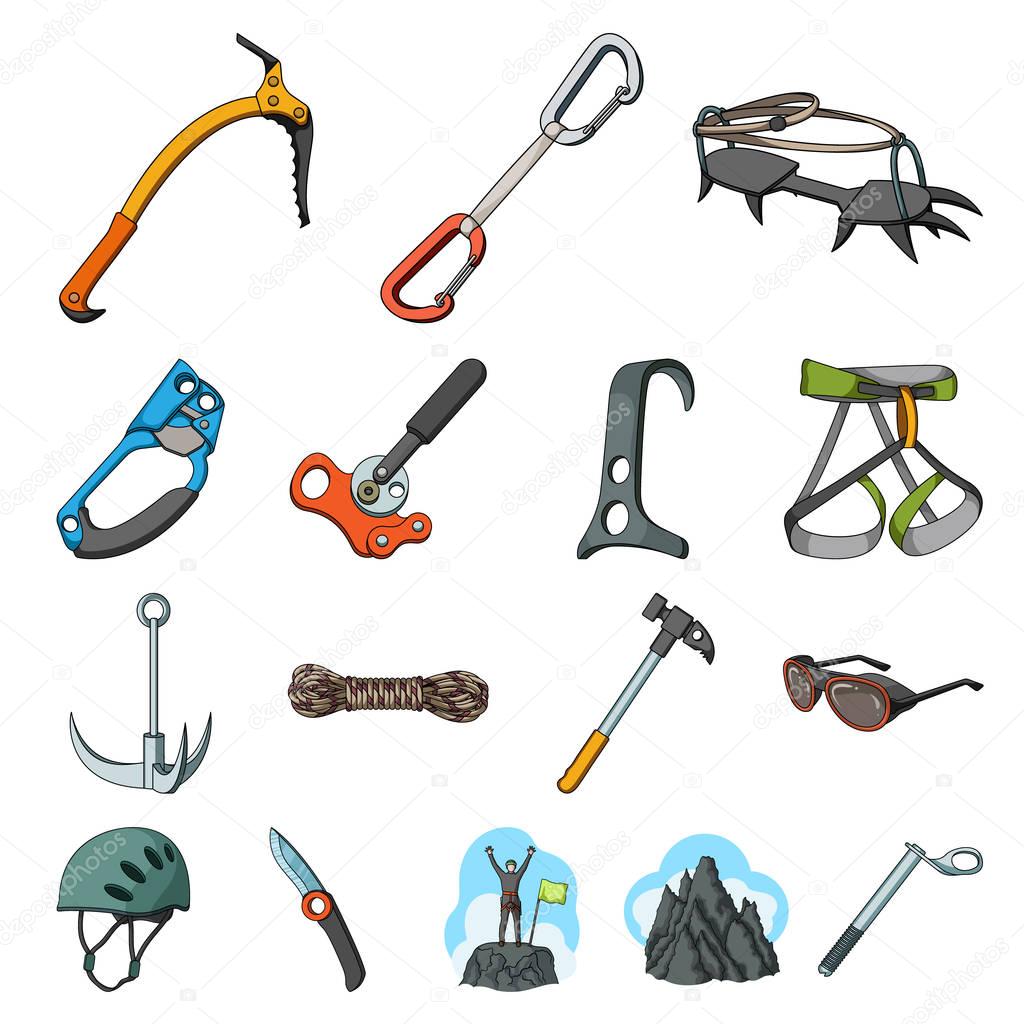Mountaineering and climbing cartoon icons in set collection for design. Equipment and accessories vector symbol stock web illustration.