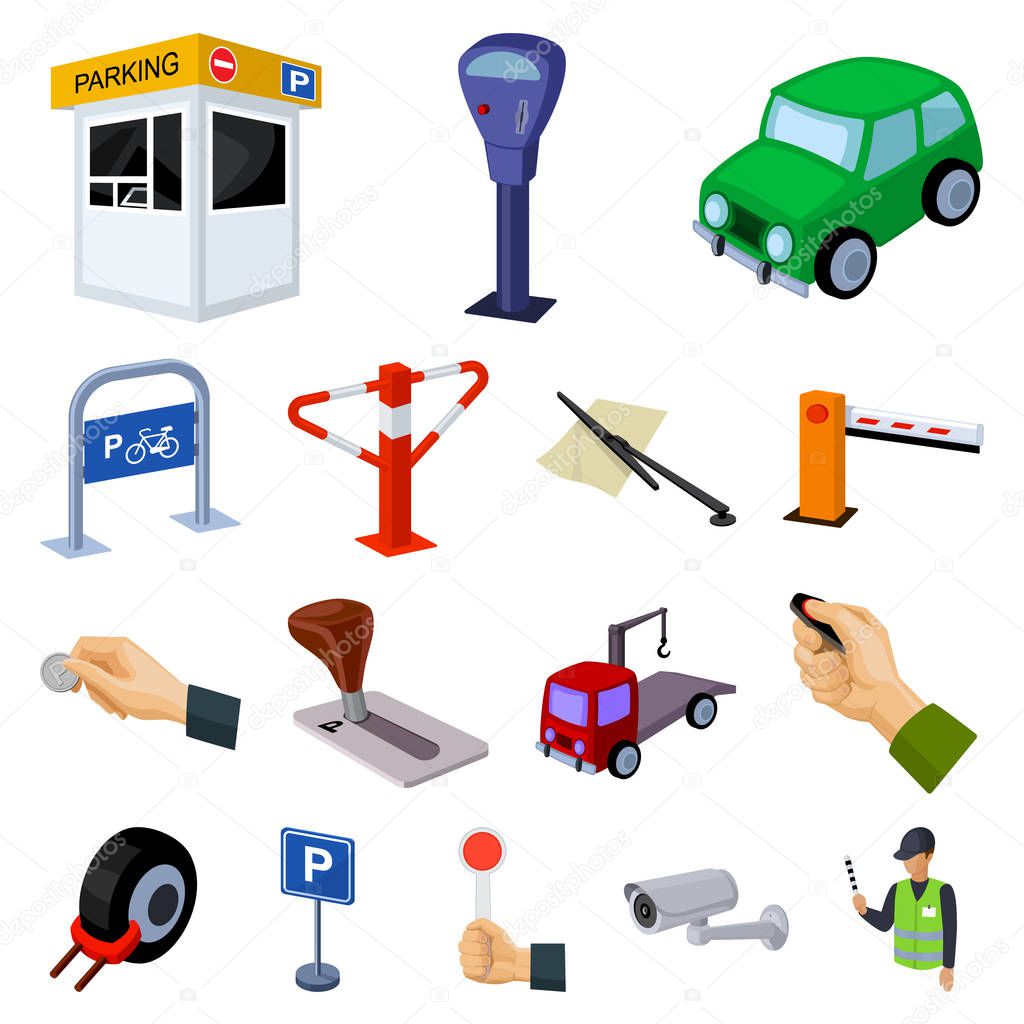 Parking for cars cartoon icons in set collection for design. Equipment and service vector symbol stock  illustration.