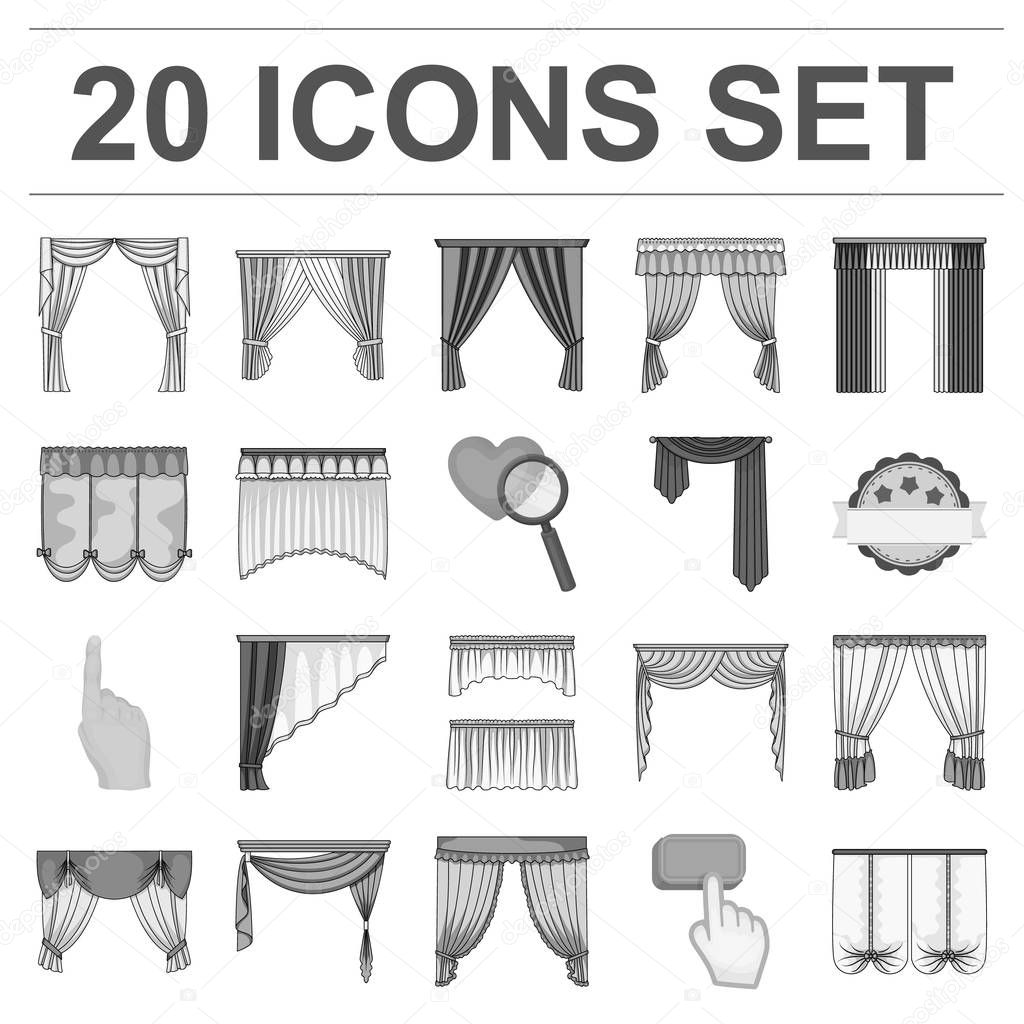 Different kinds of curtains monochrome icons in set collection for design. Curtains and lambrequins vector symbol stock  illustration.
