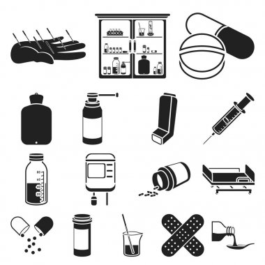 İlaç ve tedavi set koleksiyonu tasarım için simgeler siyah. Tıp ve ekipman sembol stok web illüstrasyon vektör.