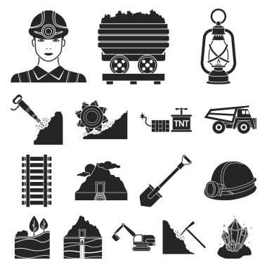 Madencilik Sanayi siyah set koleksiyonu tasarım için simgeler. Cihazlar ve sembol stok web illüstrasyon vektör.