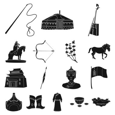 Set koleksiyonu tasarım için ülke Moğolistan siyah simgeler. Bölge ve dönüm noktası sembol stok web illüstrasyon vektör.